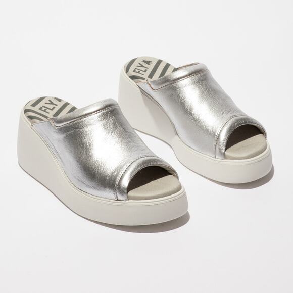 Fly London Women's 5.5/36 Silver Leather DOLI042FLY Platform Wedge Mules LB8-12 - Picture 1 of 8